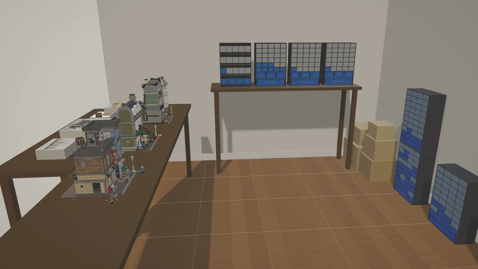 LEGO storage room in 3D: drawer cabinets on a workbench shelf, modular buildings and sealed sets on the work tables.